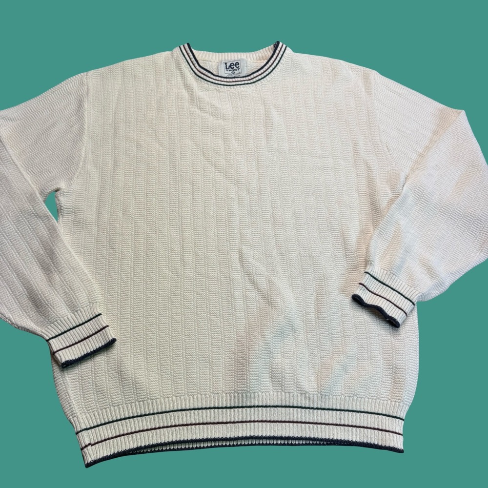 Vintage Lee Sport Sweater M Mens Cream Ribbed Knit Striped Preppy USA